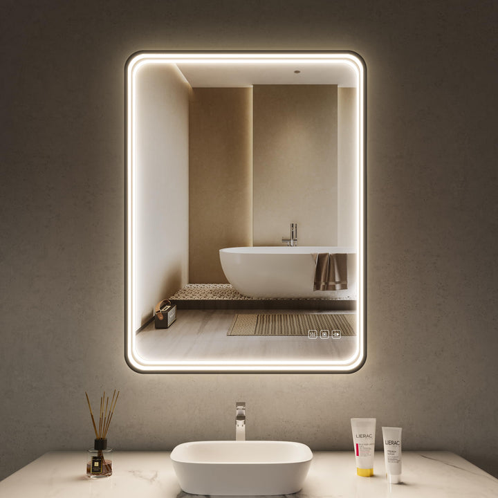 LED Badspiegel 60x80 cm mit frontbeleuchtung, 3 lichtfarben dimmbar, Touch-schalter, Anti-Beschlag &