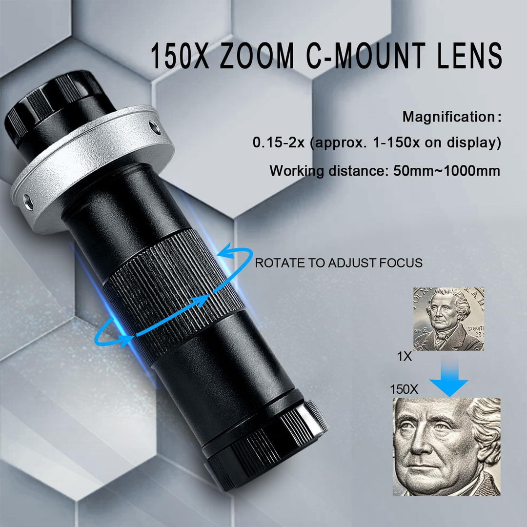 Digital Mikroskop, 48 Megapixel 1080P Industrie Mikroskop mit Metallfuss, HDMI/USB, 150X HD Objektiv