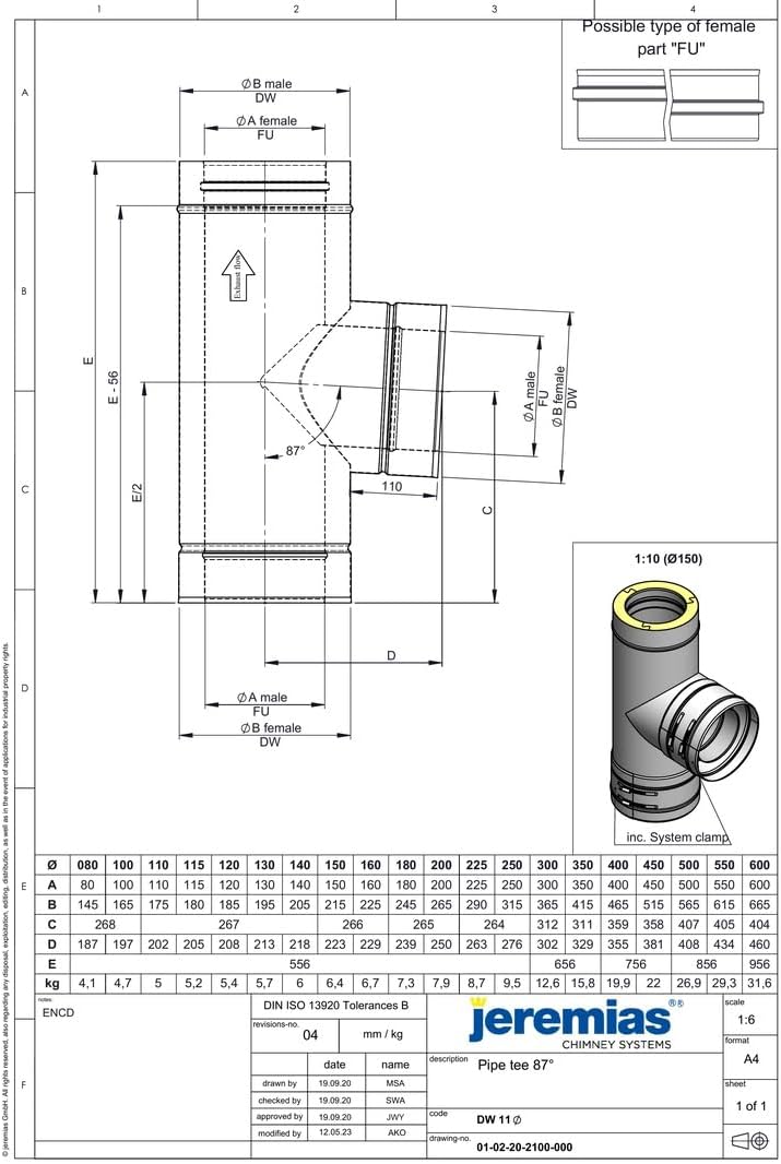 Jeremias DW-FU Edelstahl T-Anschluss 250mm 87 Grad mit Wassernase Doppelwandig Abgassystem CE-Zertif