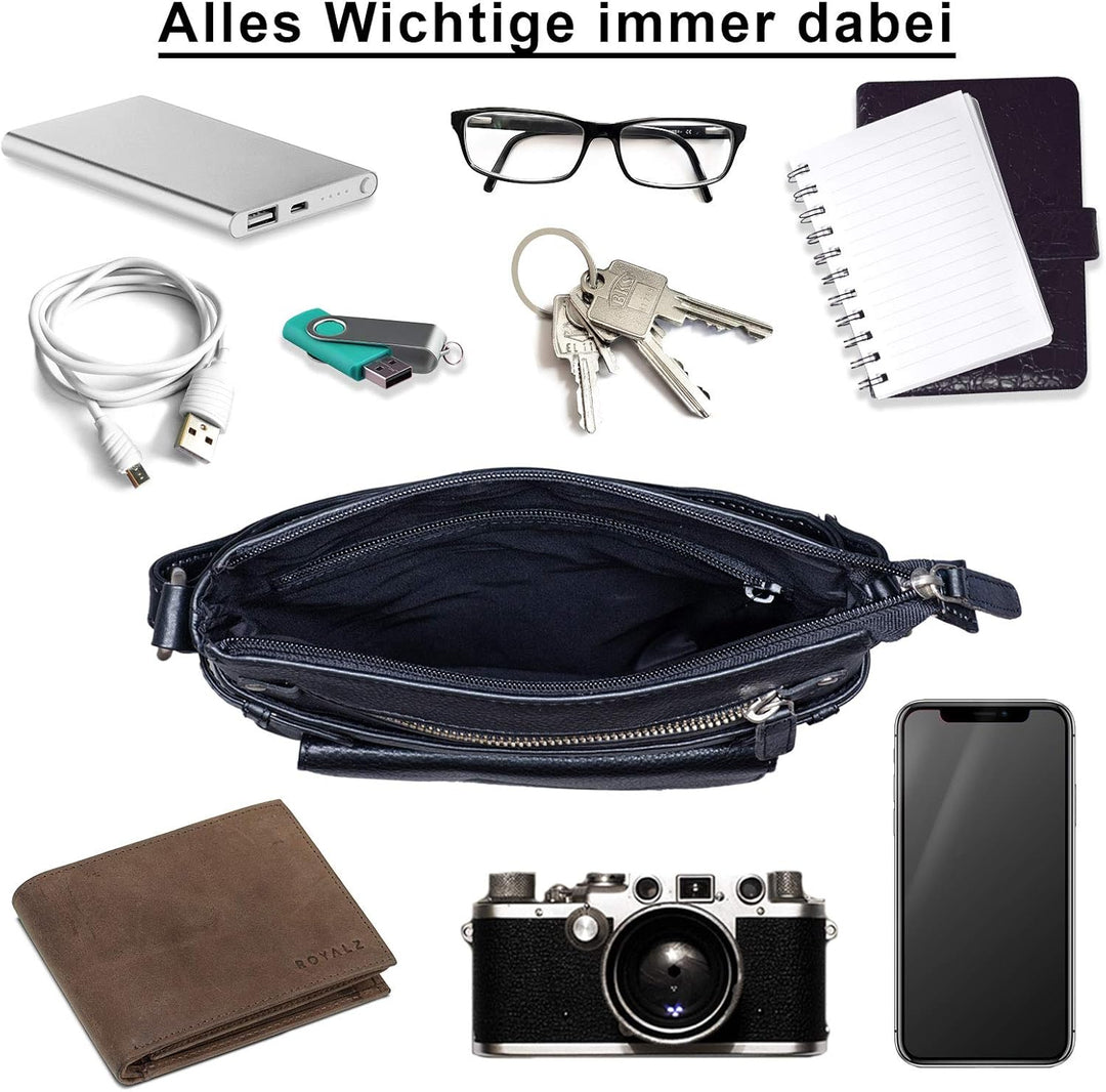 ROYALZ 'Madison' Vintage Handtasche Damen schwarz Umhängetasche klein kompakte Ledertasche, Schwarz