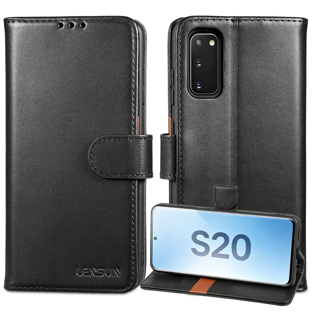LENSUN Echtleder Hülle für Samsung Galaxy S20, Handyhülle [Echtes Leder] [Magnetverschluss] [RFID Sc