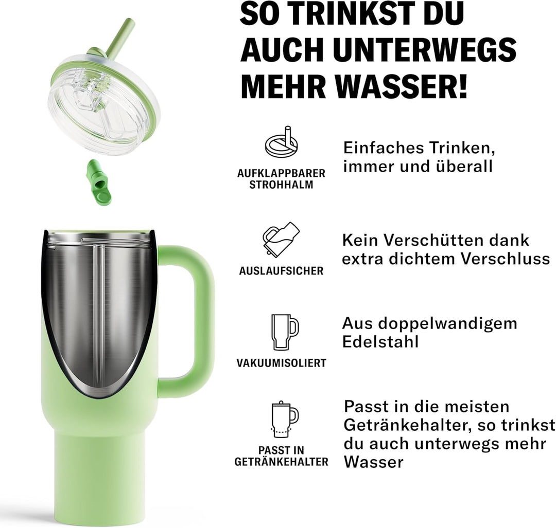 waterdrop® Thermobecher mit Strohhalm 1,1L – Auslaufsichere, robuste Trinkflasche mit aufklappbarem