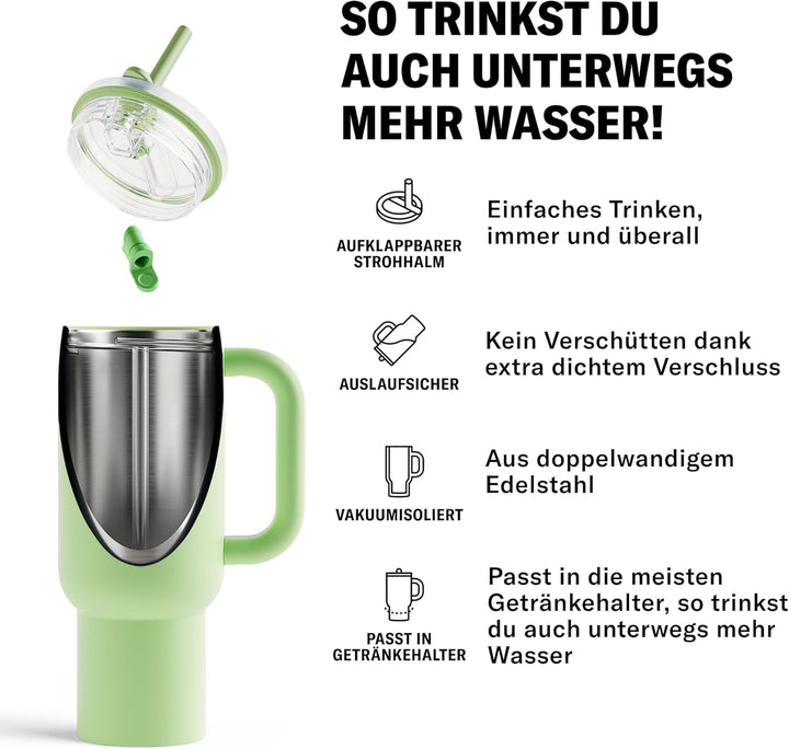 waterdrop® Thermobecher mit Strohhalm 1,1L – Auslaufsichere, robuste Trinkflasche mit aufklappbarem