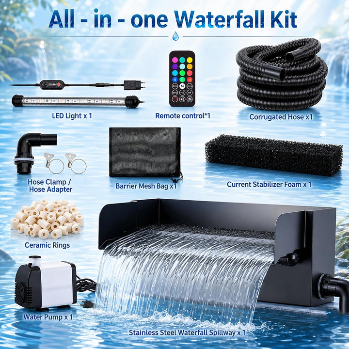 30 cm Wasserfall teich Set, mit 45w 2000L/H Wasserfallpumpe &amp; Filterkäfig, Edelstahl-Wasserfall mit