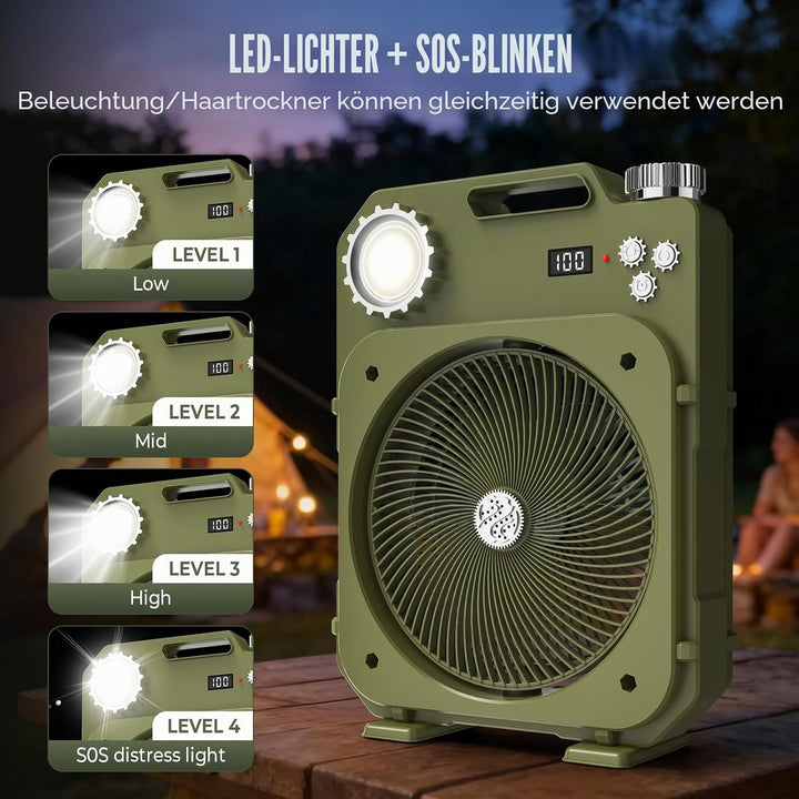 Tragbarer Camping Ventilator mit LED-Licht/SOS, Leiser Akku Tischventilator, Kabellos 5400mAh, 100 G