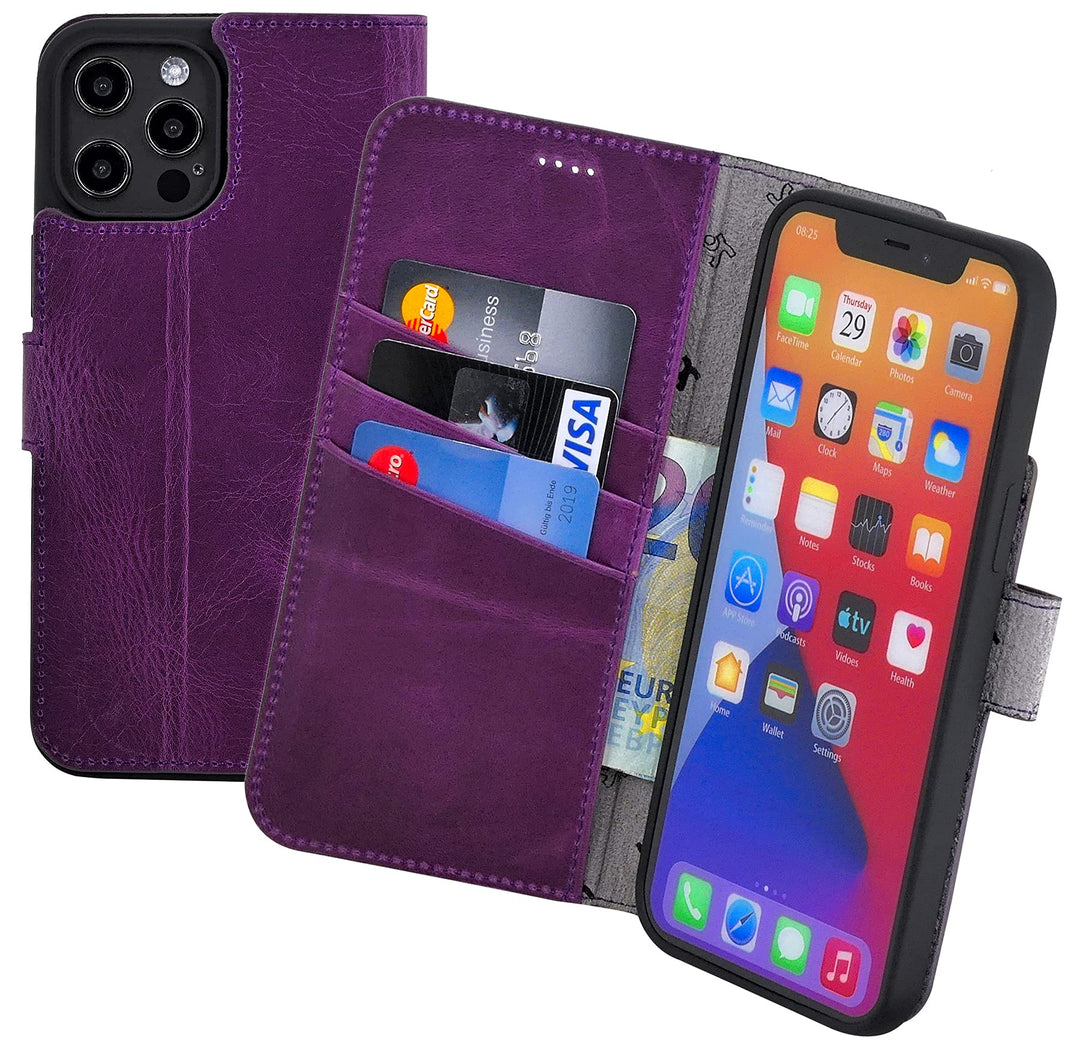 Suncase Book-Style Hülle kompatibel mit iPhone 12 Pro (6.1") Leder Tasche (Slim-Fit) Lederhülle Hand