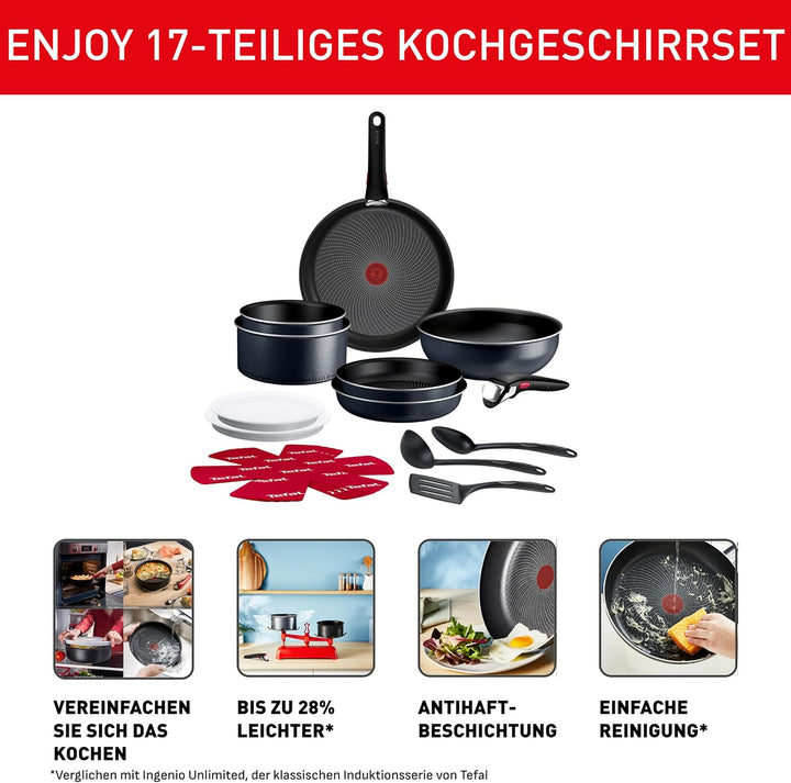 Tefal Ingenio Enjoy 17-tlg. Kochgeschirr-Set, Antihaftversiegelung, stapelbar, Thermo-Signal, für al