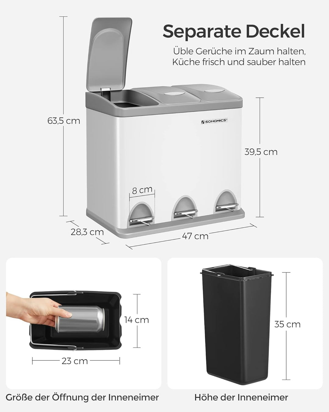 SONGMICS Mülleimer für die Küche, 3 x 8 L, Abfalleimer aus Metall, 3-in-1 Treteimer, Mülltrennung, M