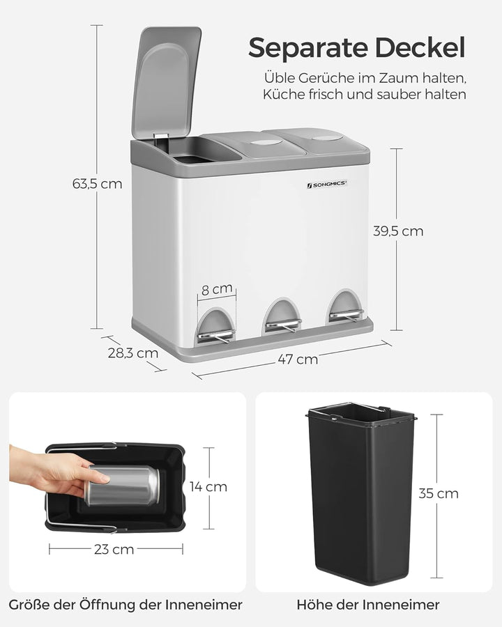 SONGMICS Mülleimer für die Küche, 3 x 8 L, Abfalleimer aus Metall, 3-in-1 Treteimer, Mülltrennung, M