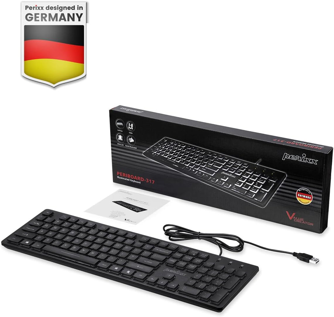 perixx PERIBOARD-317, Tastatur mit Hintergrundbeleuchtung, kabelgebunden, USB, für Windows – Membran