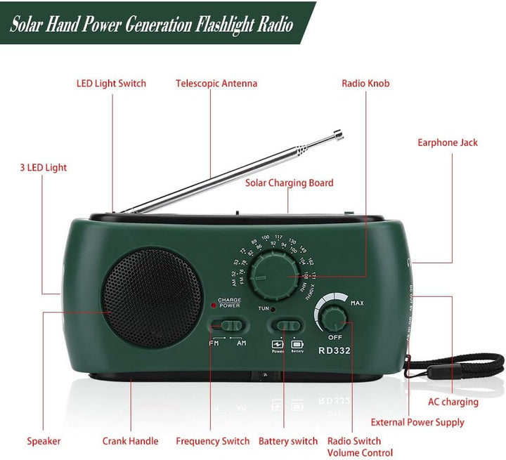 Solar Handkurbel AM/FM-Radio mit LED-Taschenlampe Notruf-Ladegerät (dunkelgrün) 3-LED für Taschenlam