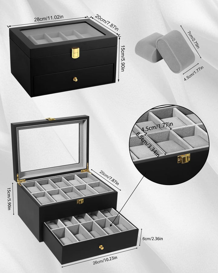 Uten Uhrenbox Holz mit 20 Fächern, Uhrenkasten Herren Damen schwarze Aufbewahrungsbox Holz E- Für 20