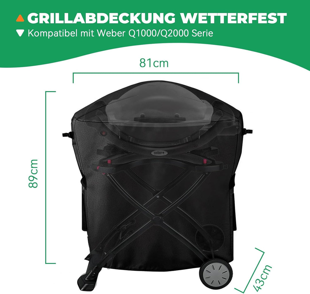 WELL GRILL Grillabdeckung Wetterfest für Weber Q100/Q1000/Q200/Q2000 Serie mit tragbarem Wagen, 7113