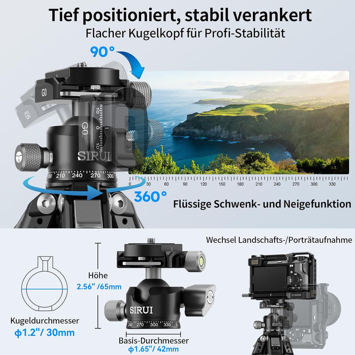 SIRUI Carbon Fiber Reise-Stativ AM-225S+G0 127 cm, Ultrakompakt 43 cm, Leicht 1,2 kg mit Flachkugelk