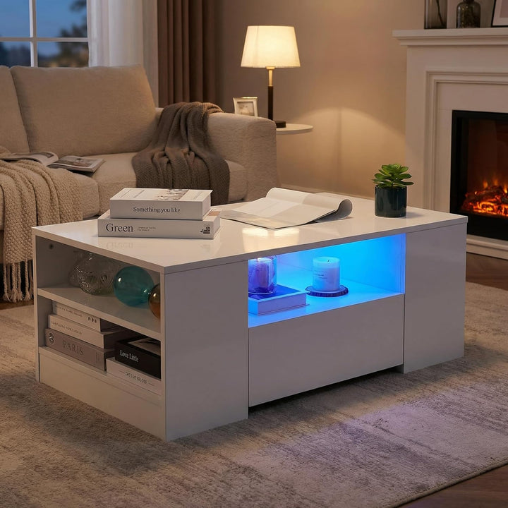 Couchtisch mit LED-Beleuchtung, Modern Sofatisch Wohnzimmertisch mit 2 Schublade, 100x55x37cm Weiss,
