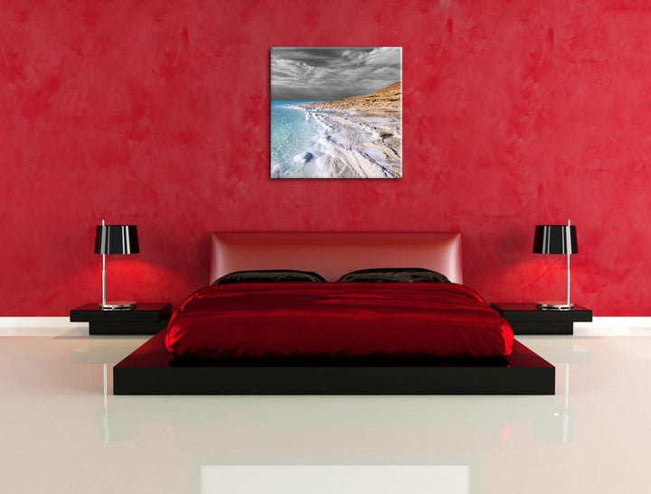 Pixxprint Das Tote Meer bei Tag Schwarz/Weiss, Format: 70x70 auf Leinwand, 70x70