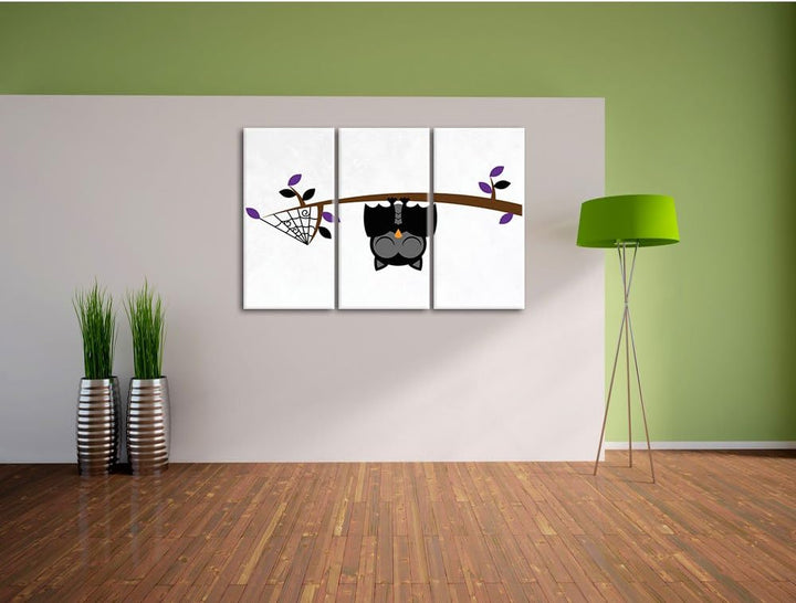 Pixxprint Fledermaus Eule auf AST als Leinwandbild/Grösse: 3 Teilig (120x80) cm/Wandbild/Kunstdruck/