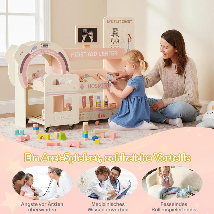 DREAMADE Arztspielset für Kinder, Krankenhaus aus Holz mit Sehtest, CT-Spielgerät & Röntgenapparat,