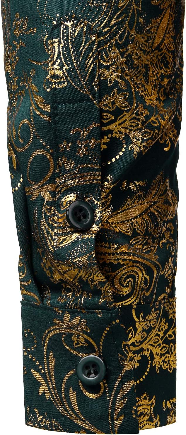 PARKLEES Herren Luxus Paisley Gemustert Golden Glänzend Slim Fit Freizeithemd L Dunkel Waldgrün, L D
