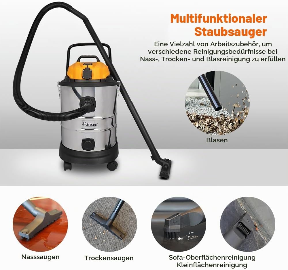 Hoteche 1200W Nass-Trockensauger - 40L Metallbehälter, 1.4m³/min Luftstrom, 15KPa Saugkraft, mit Bla