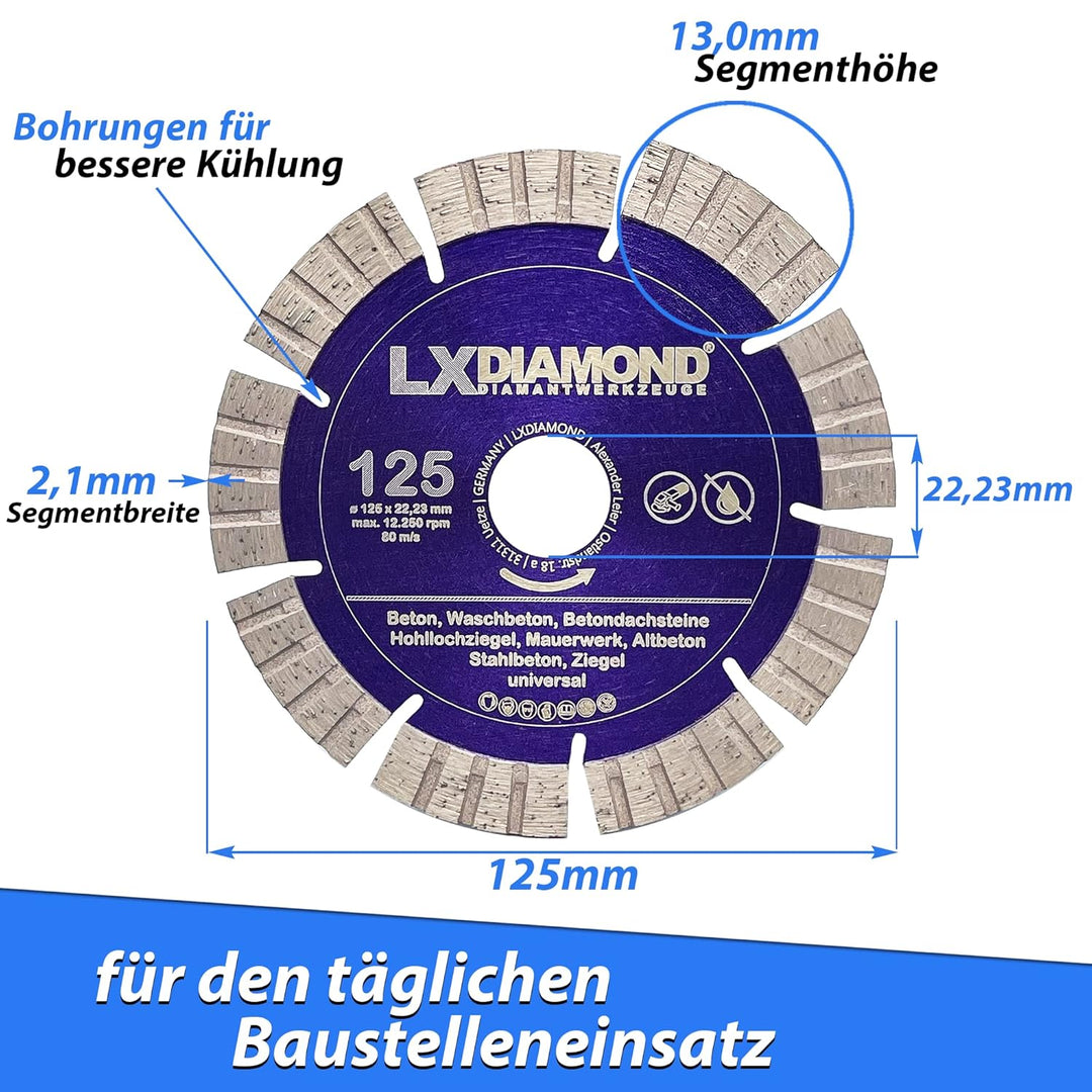 LXDIAMOND Diamant-Trennscheibe 125mm x 22,23mm - Segmente 13mm - passend für Beton Stahlbeton Waschb
