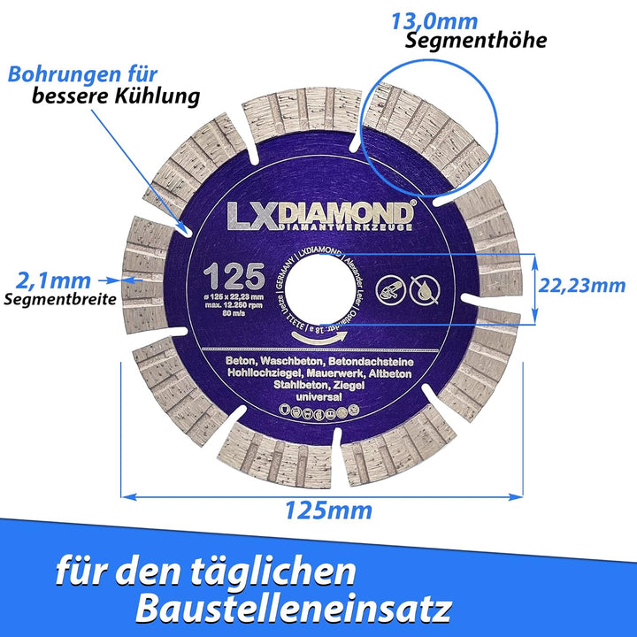 LXDIAMOND Diamant-Trennscheibe 125mm x 22,23mm - Segmente 13mm - passend für Beton Stahlbeton Waschb