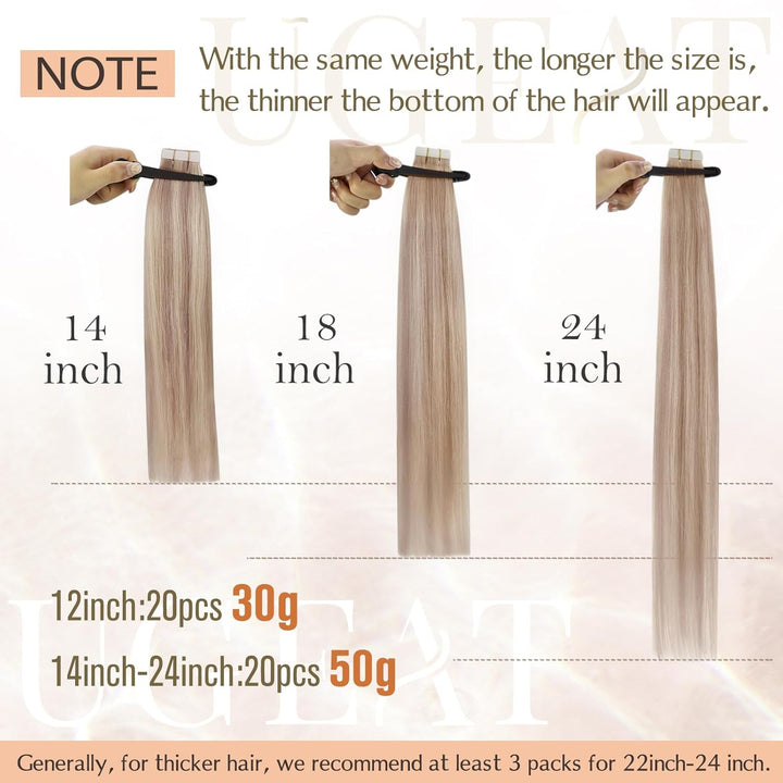 Ugeat Tape in Extensions Echthaar Blond Gesträhnt Haarverlängerung Echthaar Tape 20 Stücke P18/613 A