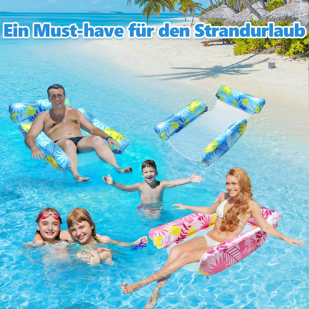 2 Stück Luftmatratze Wasser mit 1 Luftpump und 2 Getränkehalter，4 in 1 Wasserhängematte mit Netz Auf