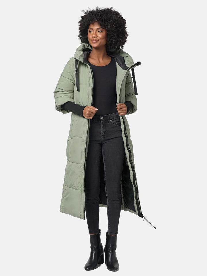 Navahoo Damen Langer Wintermantel Warmer Steppmantel mit Kapuze und Rippstrickärmeln Ciao MIAU XIV X