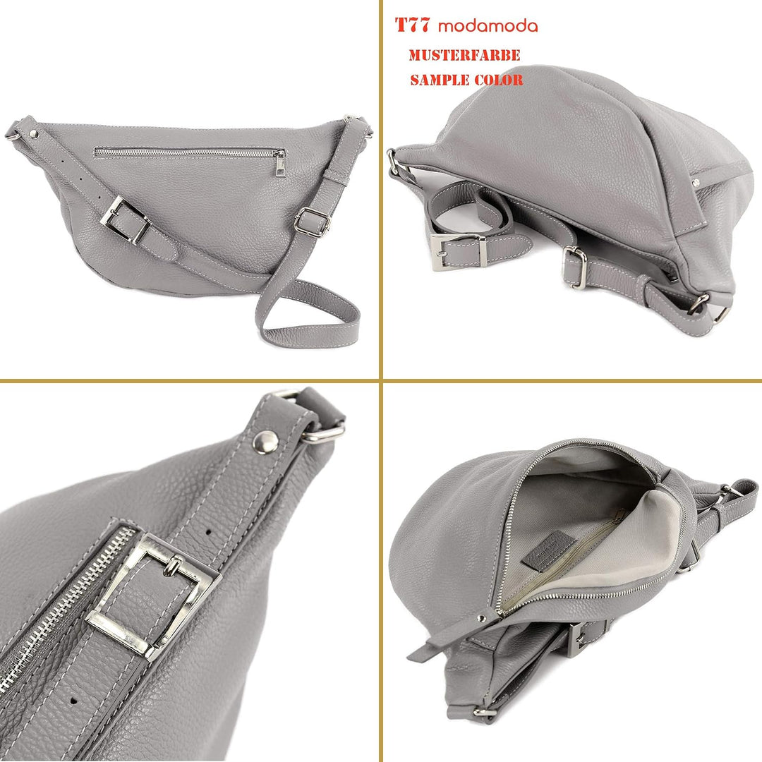 modamoda de - T77 - ital. Hüfttasche Bauchtasche Brusttasche Large aus weichem Leder, Farbe:Silber-M