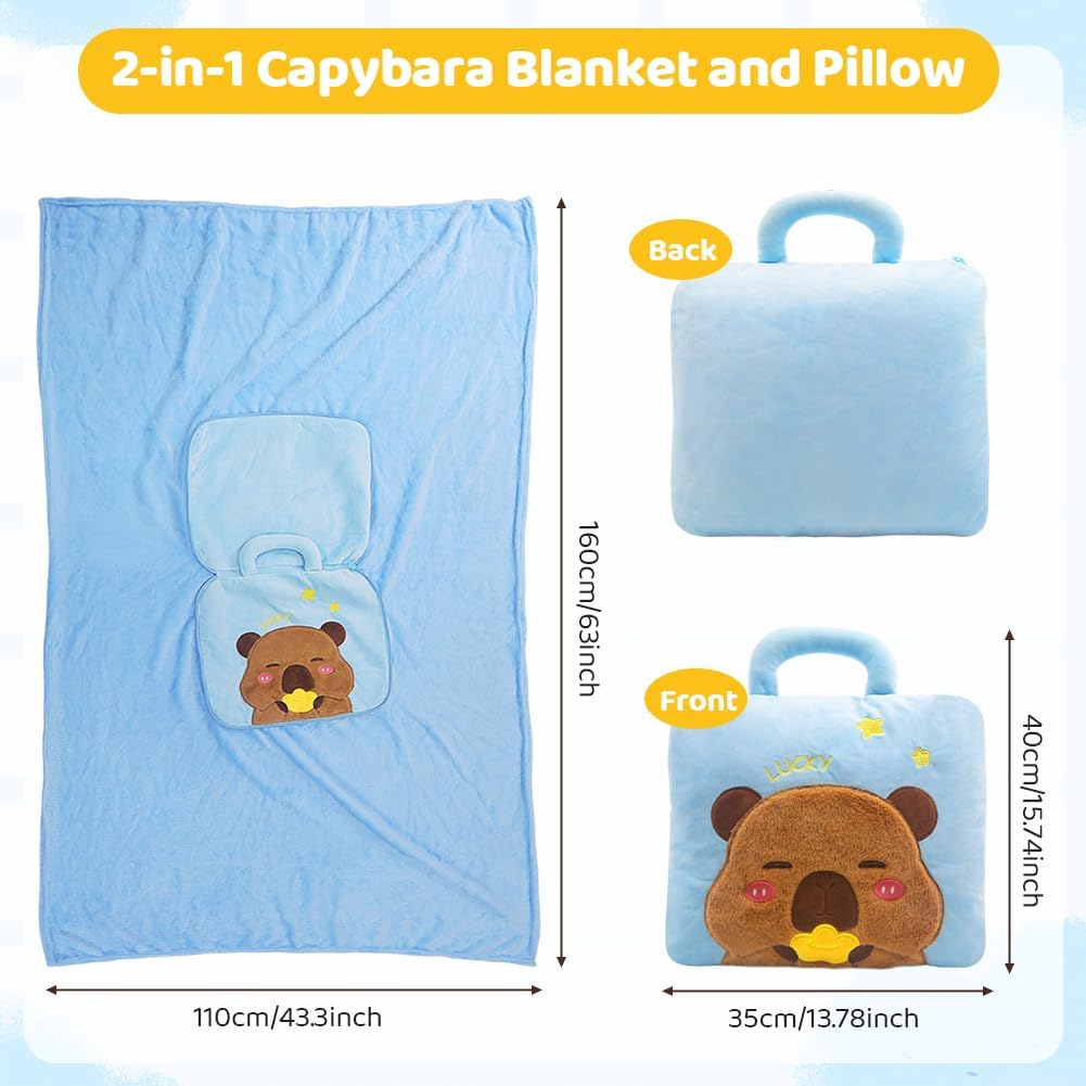 2-in-1 Capybara Decke und Kissen, 2-in-1 Kissendecke Plüsch Fleecedecke Warm Reisedecke, Tragbare Fl