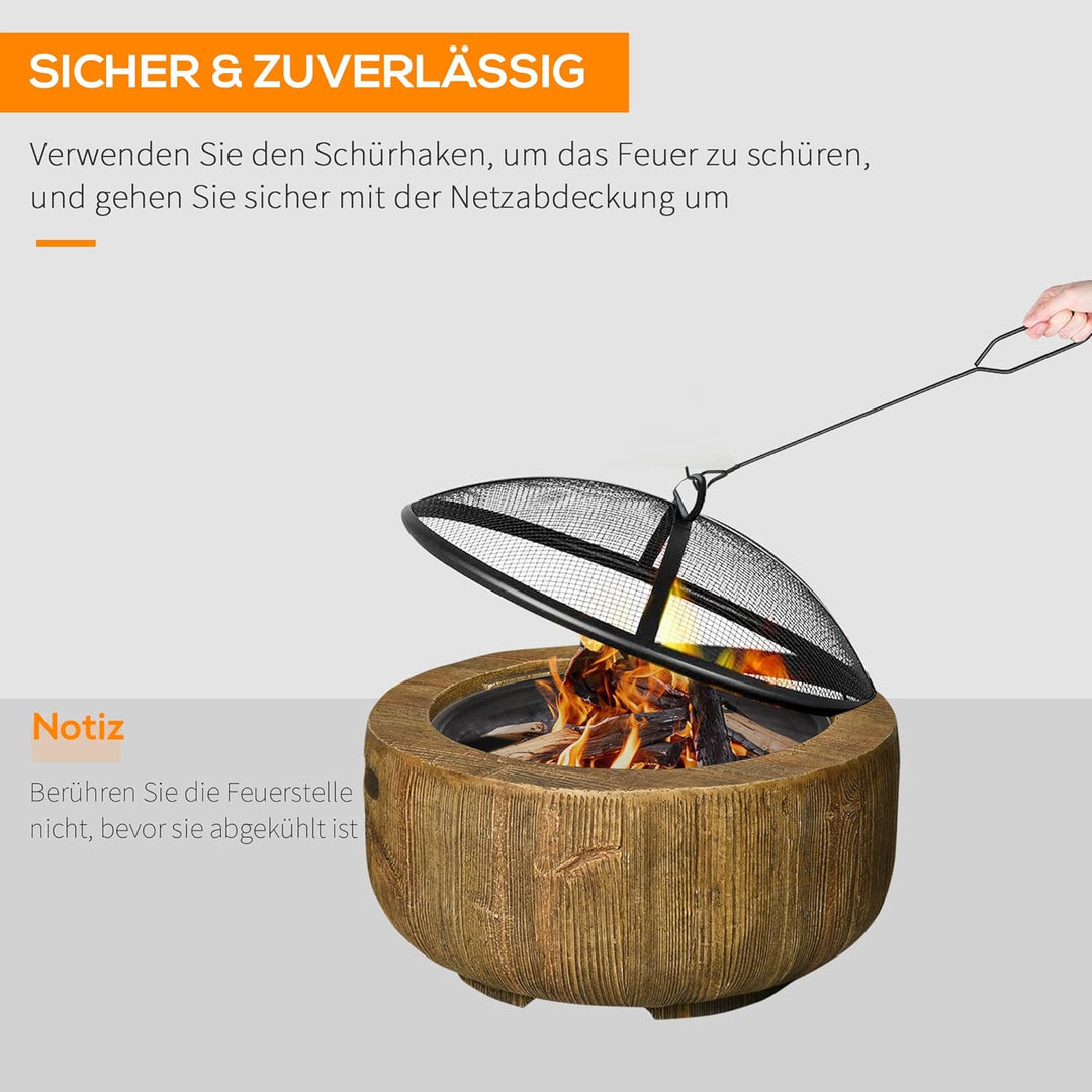 Outsunny Feuerschale, Feuerstelle mit Deckel, Feuerkorb mit Schürhaken, im Baumstumpf-Design, für Ga
