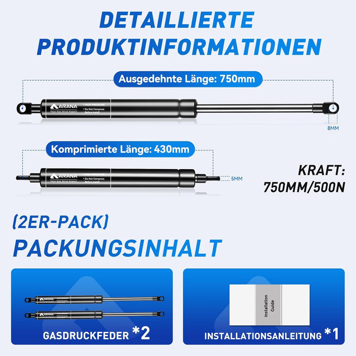 ARANA 700MM 500N Gasdruckfedern, 70cm 51KG Gasfeder Ersatz Gasdruckdämpfer Hydraulisch Halterung Für