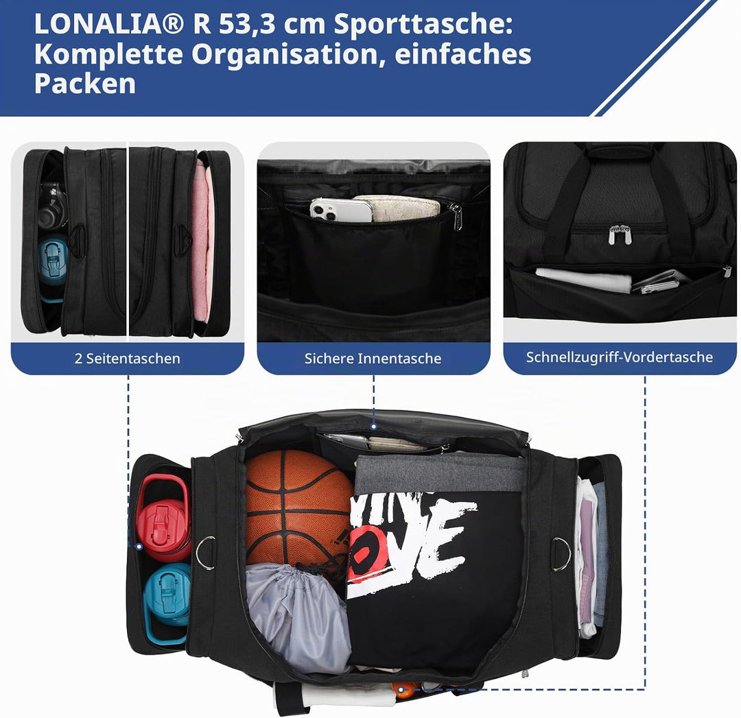 Sporttasche 45L - 53 * 28 * 30.5 cm Reisetasche mit Vielen Fächern für Gym, Weekend &amp; Kurztrips - Sc