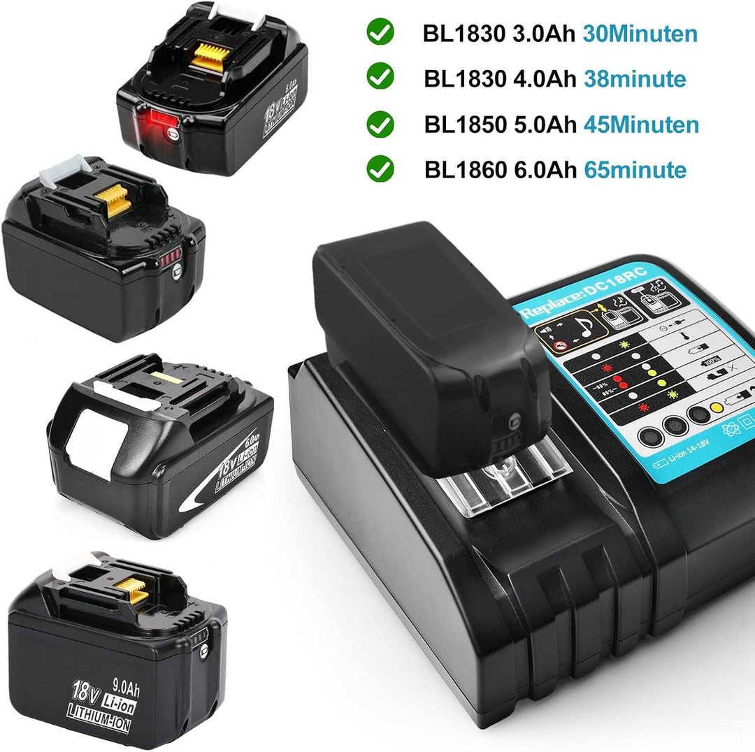 Akku 18v Ladegerät DC18RC Schnellladegerät Kompatibel mit Makita 14,4 Volt und 18 Volt Li-Ion Ersatz