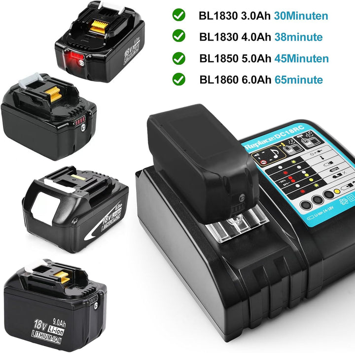Akku 18v Ladegerät DC18RC Schnellladegerät Kompatibel mit Makita 14,4 Volt und 18 Volt Li-Ion Ersatz