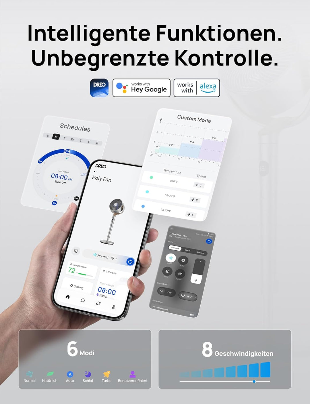 DREO Smart Standventilator, 120°+120° Oszillierend Ventilator mit Wi-Fi/Sprachsteuerung, 20dB Leiser