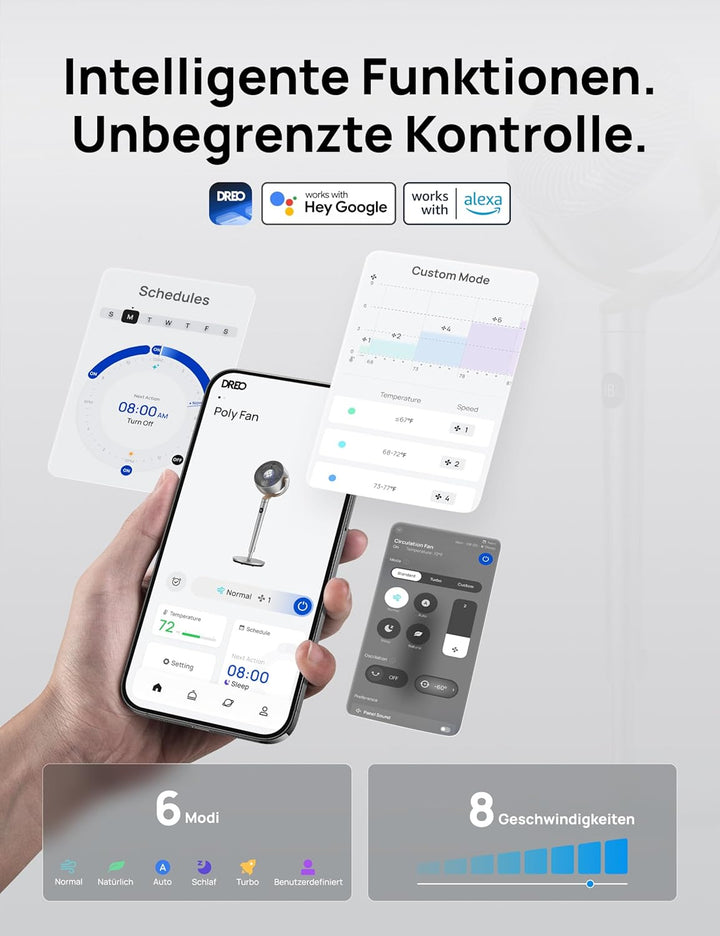 DREO Smart Standventilator, 120°+120° Oszillierend Ventilator mit Wi-Fi/Sprachsteuerung, 20dB Leiser