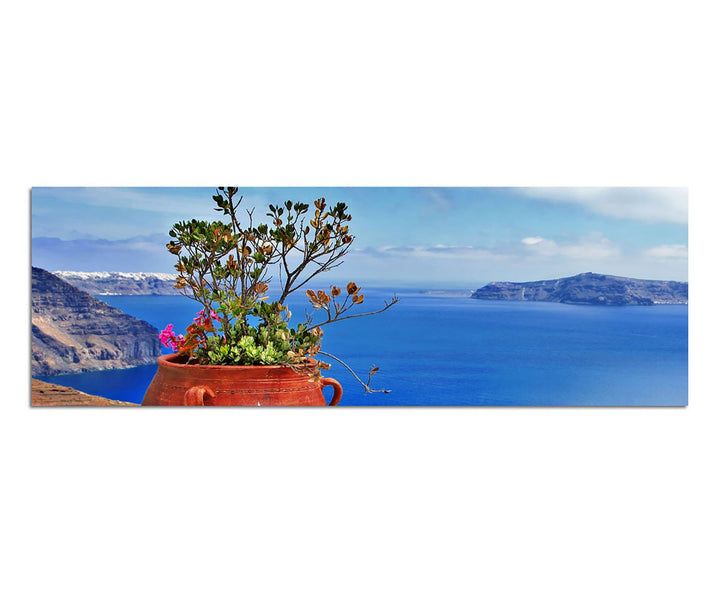 Paul Sinus Art Panoramabild auf Leinwand und Keilrahmen 150x50cm Santorini Blumentopf Blumen Meerbli