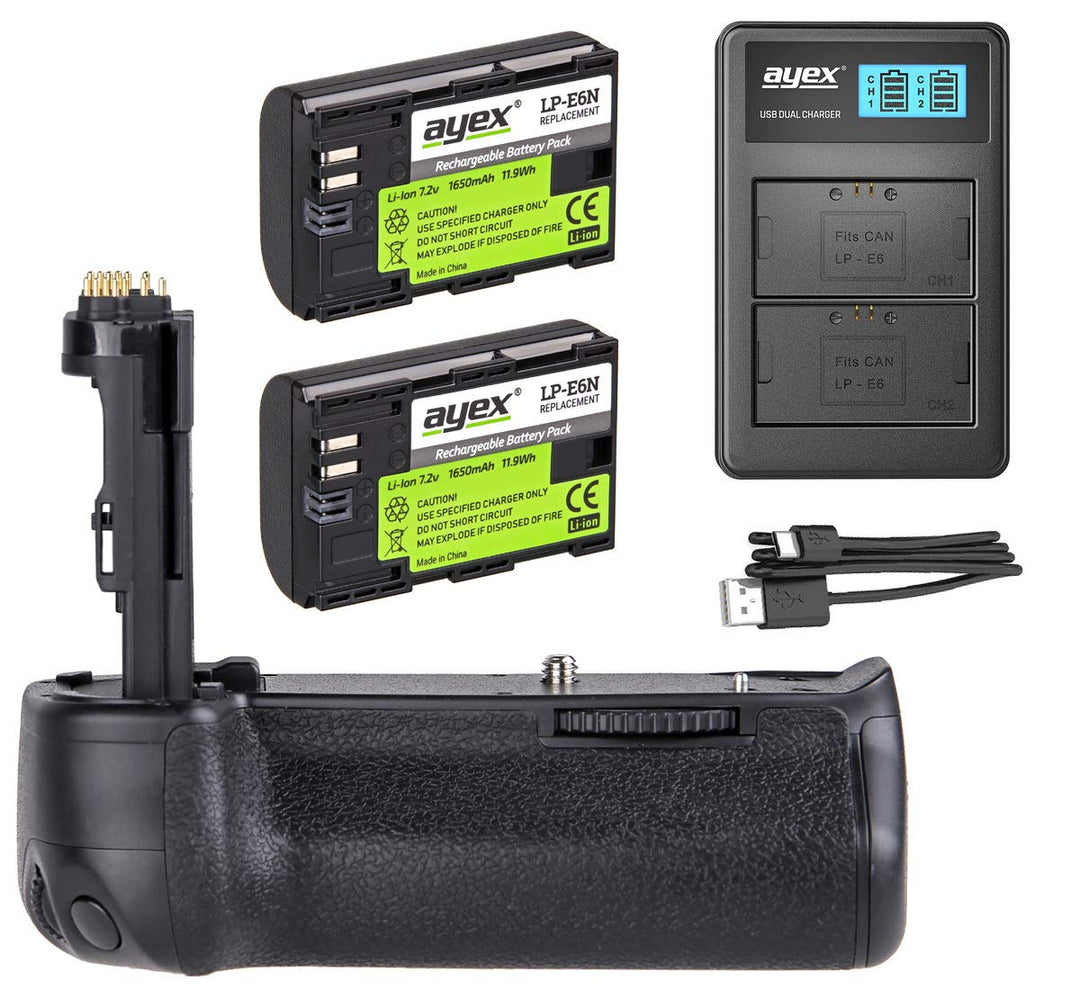 ayex Batteriegriff Kompatibel mit Canon EOS 6D Mark II inkl. 2 x LP-E6N Akku + 1 x USB Dual- Ladeger