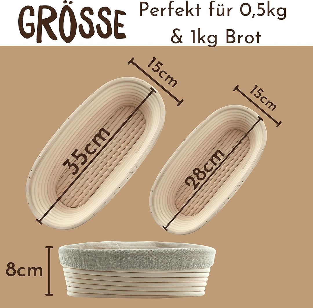 Gärkorb 2er Set + Teigschaber, 2 Gärkörbe für Brot und Brotteig - Peddigrohr (oval, 28 und 35 cm) mi