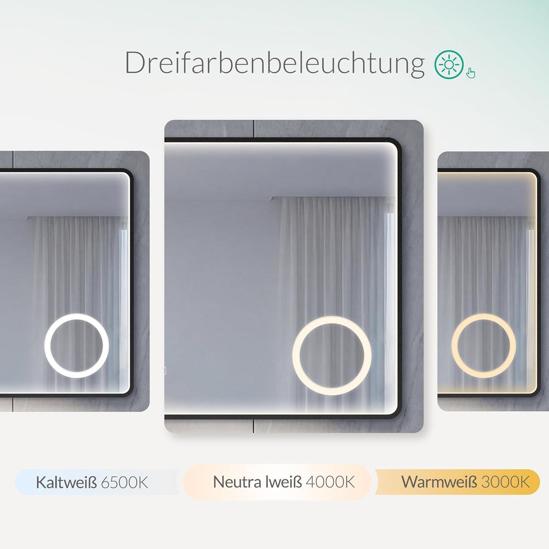LED Badspiegel mit Aluminiumrahmen & Bluetooth, 5mm Kupferfreier HD Silber-Spiegel, 3 Lichtfarben Di