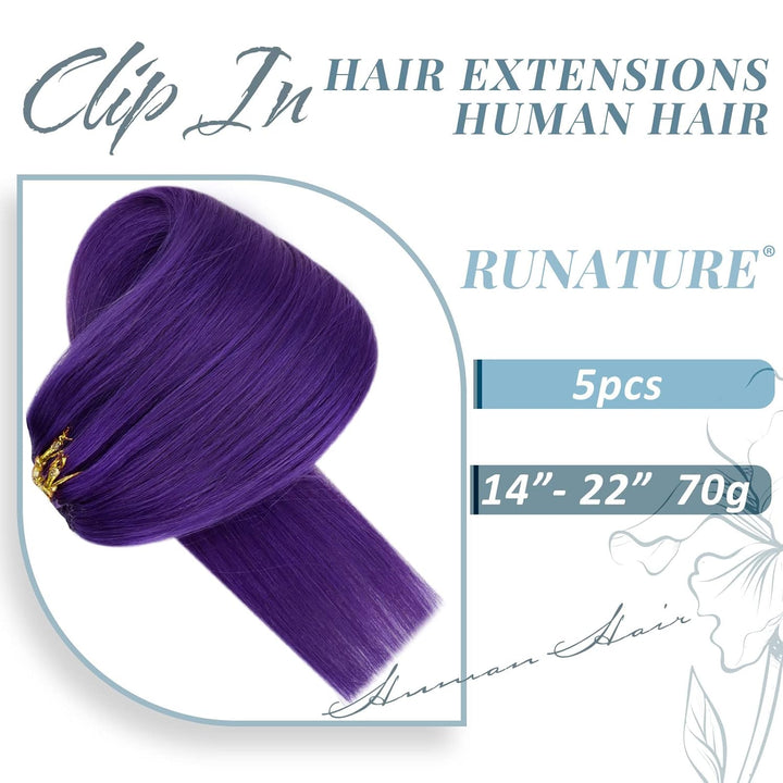 RUNATURE Lila Clip in Echthaar Extensions 50cm Purple Clip Extension Glatt 70g Lila Haarverlängerung