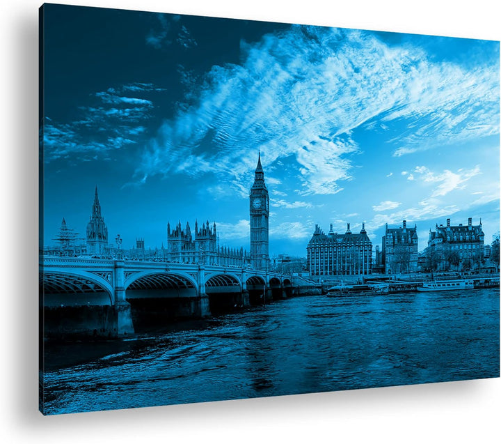 deyoli Skyline London Format: 80x60 Effekt: Monocrome Blau als Leinwandbild, Motiv fertig gerahmt au