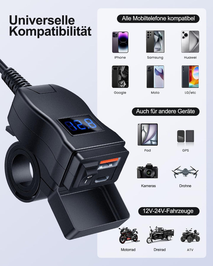 ZEXMTE Motorrad-USB-Ladegerät, USB Typ C PD & Quick Charge 3.0 Motorrad-Telefon-Ladegerät mit Voltme