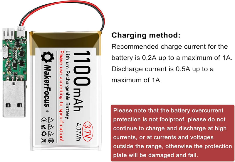 4 Stück 3,7V 1100mAh Lithium Batterie 1S 1C LiPo Akku mit Schutzplatine, Isolierband und Micro JST 1