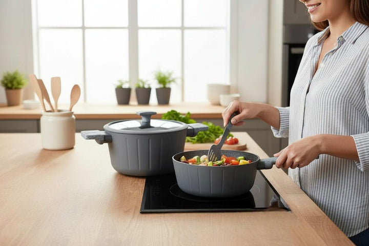 Töpfe und Pfannen Set - Topfset 15-teilig - Marmorbeschichtung - für alle Herdarten inklusive Indukt