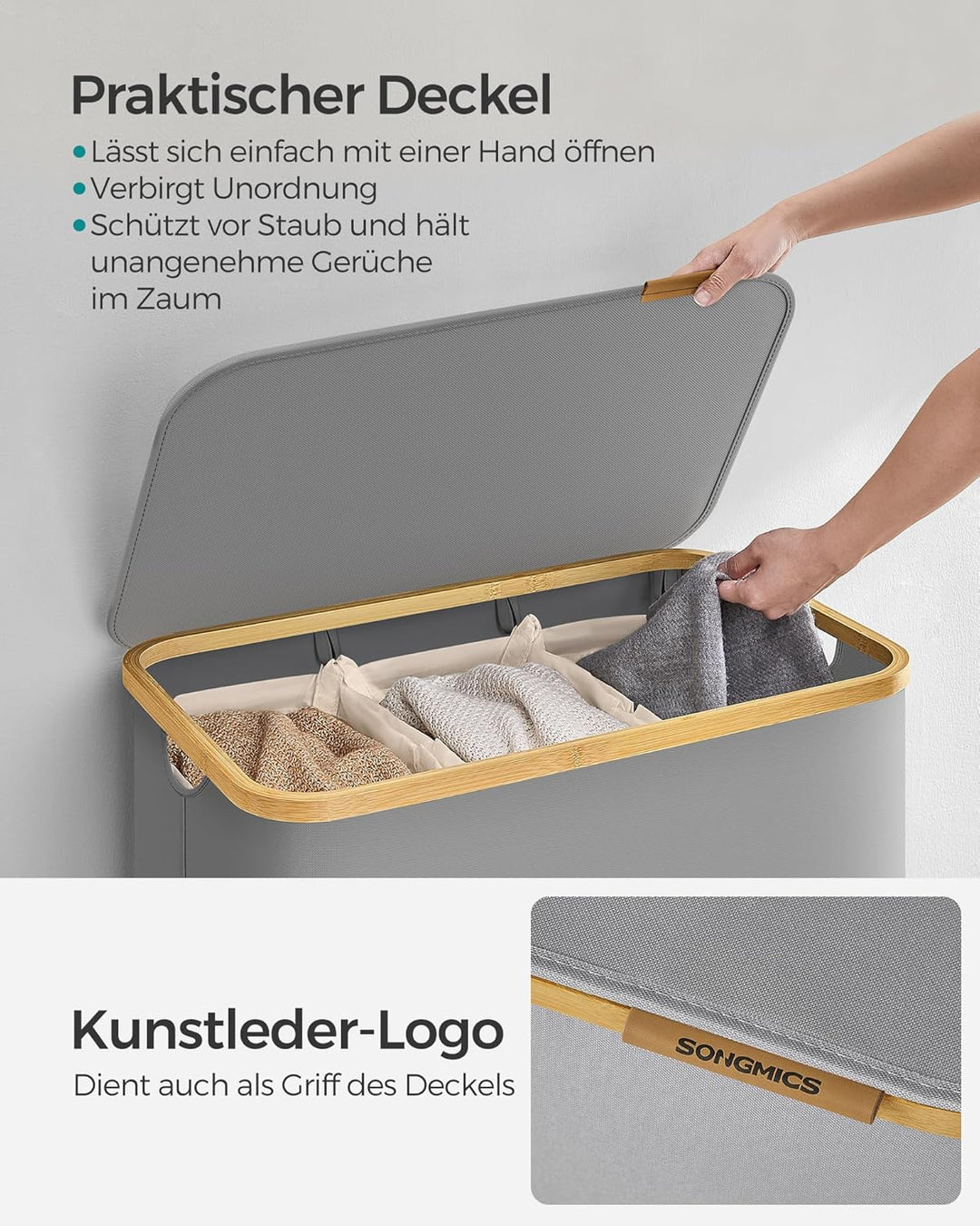 SONGMICS Wäschekorb mit Deckel, Wäschesammler mit 3 Fächern, 150 L, herausnehmbarer Wäschesack, Oxfo