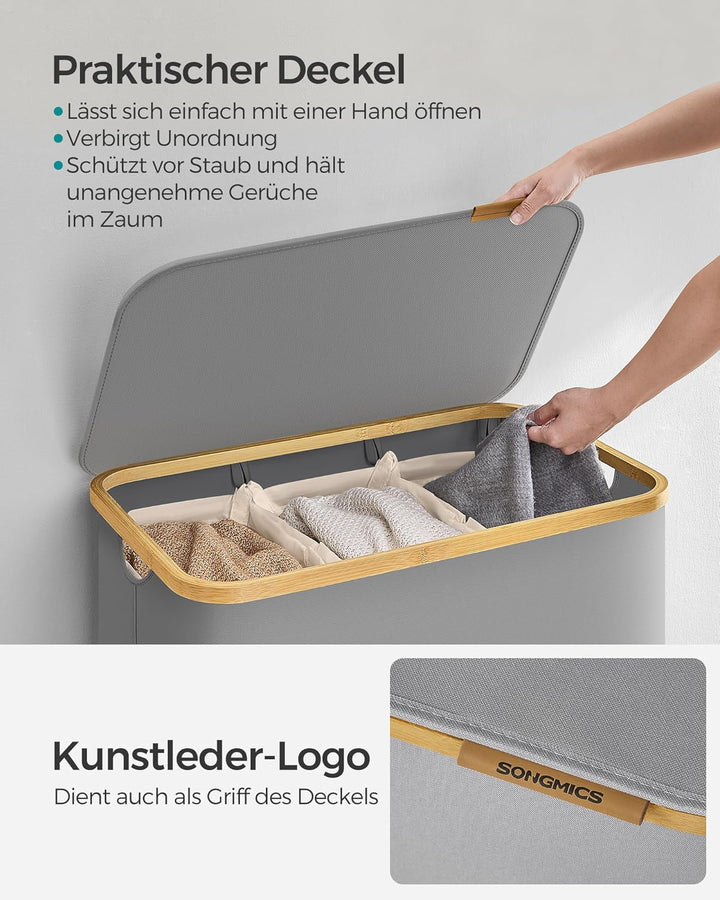 SONGMICS Wäschekorb mit Deckel, Wäschesammler mit 3 Fächern, 150 L, herausnehmbarer Wäschesack, Oxfo