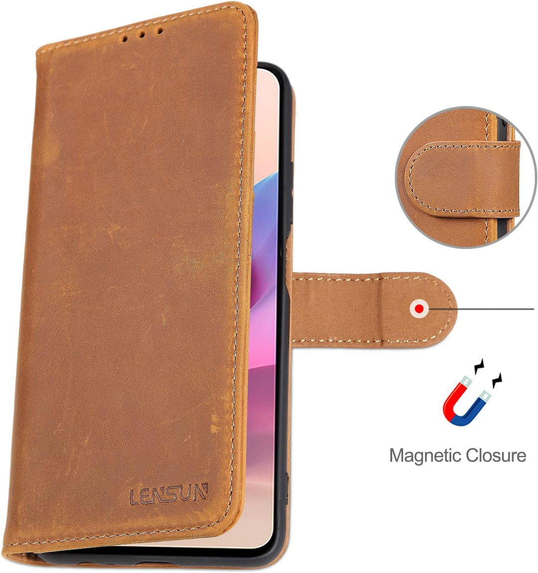 LENSUN Echtleder Hülle für Xiaomi Redmi Note 10 4G, Xiaomi Redmi Note 10s Handyhülle [Echtes Leder]